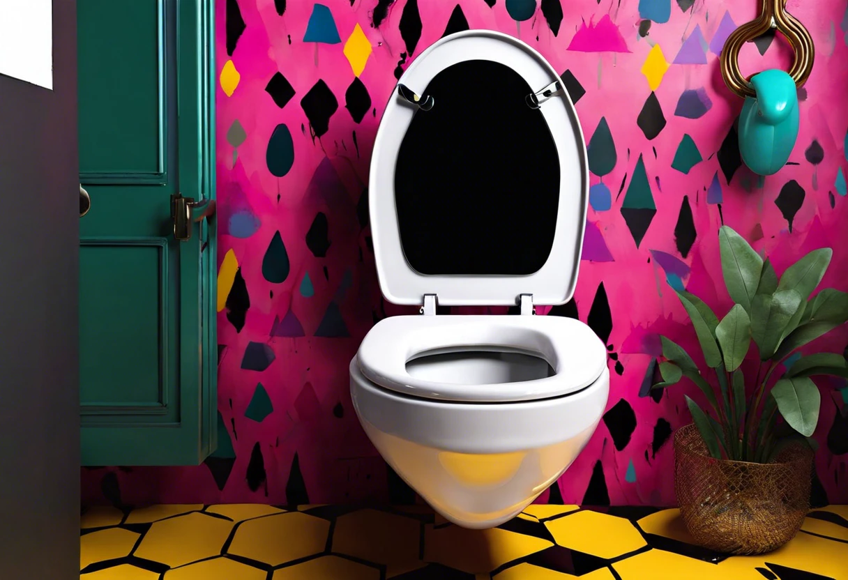 Stylishly painted toilet seat in a colorful bathroom setting