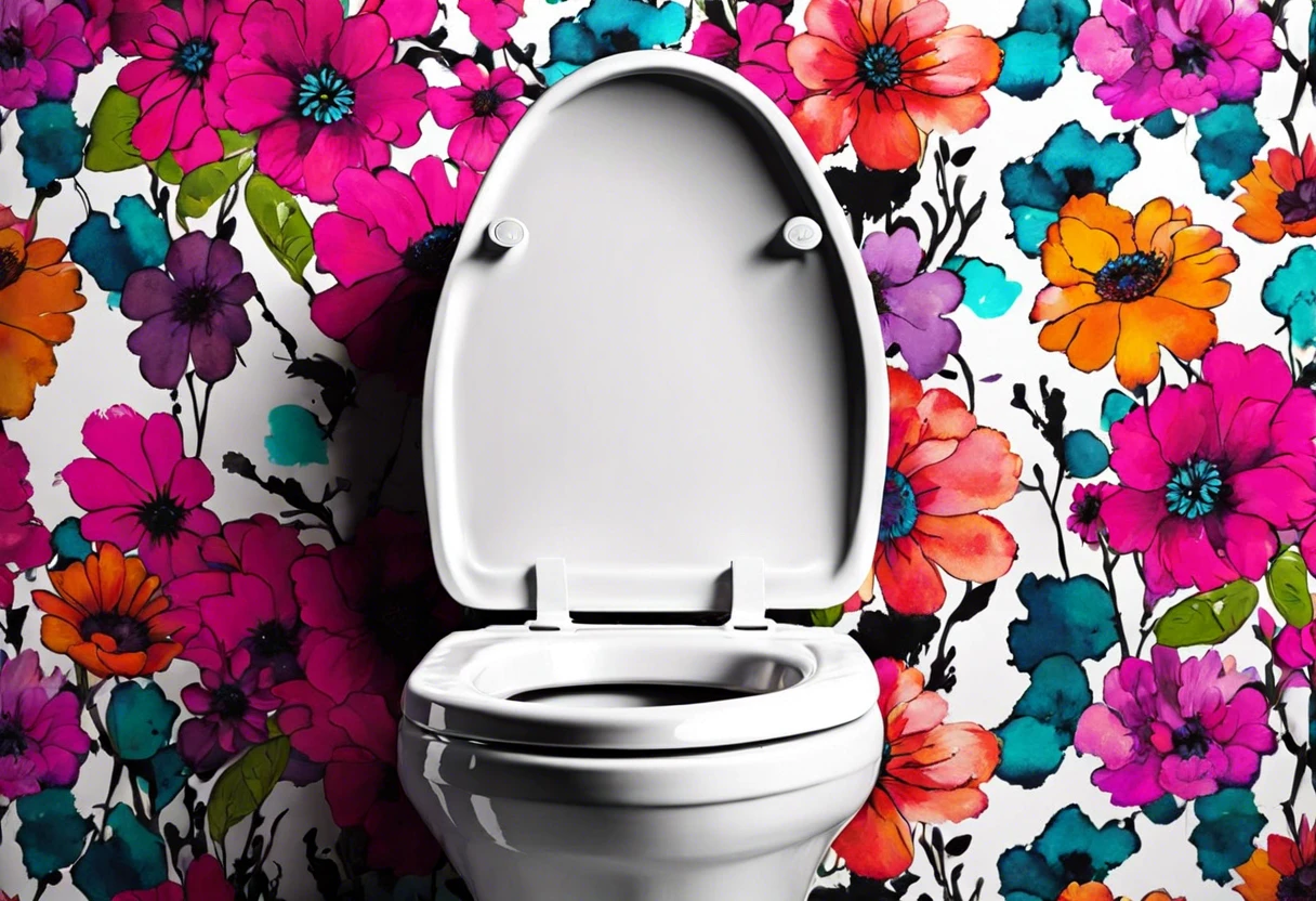 Decorative toilet seat against a colorful floral wallpaper, discussing the possibility of painting toilet seats.