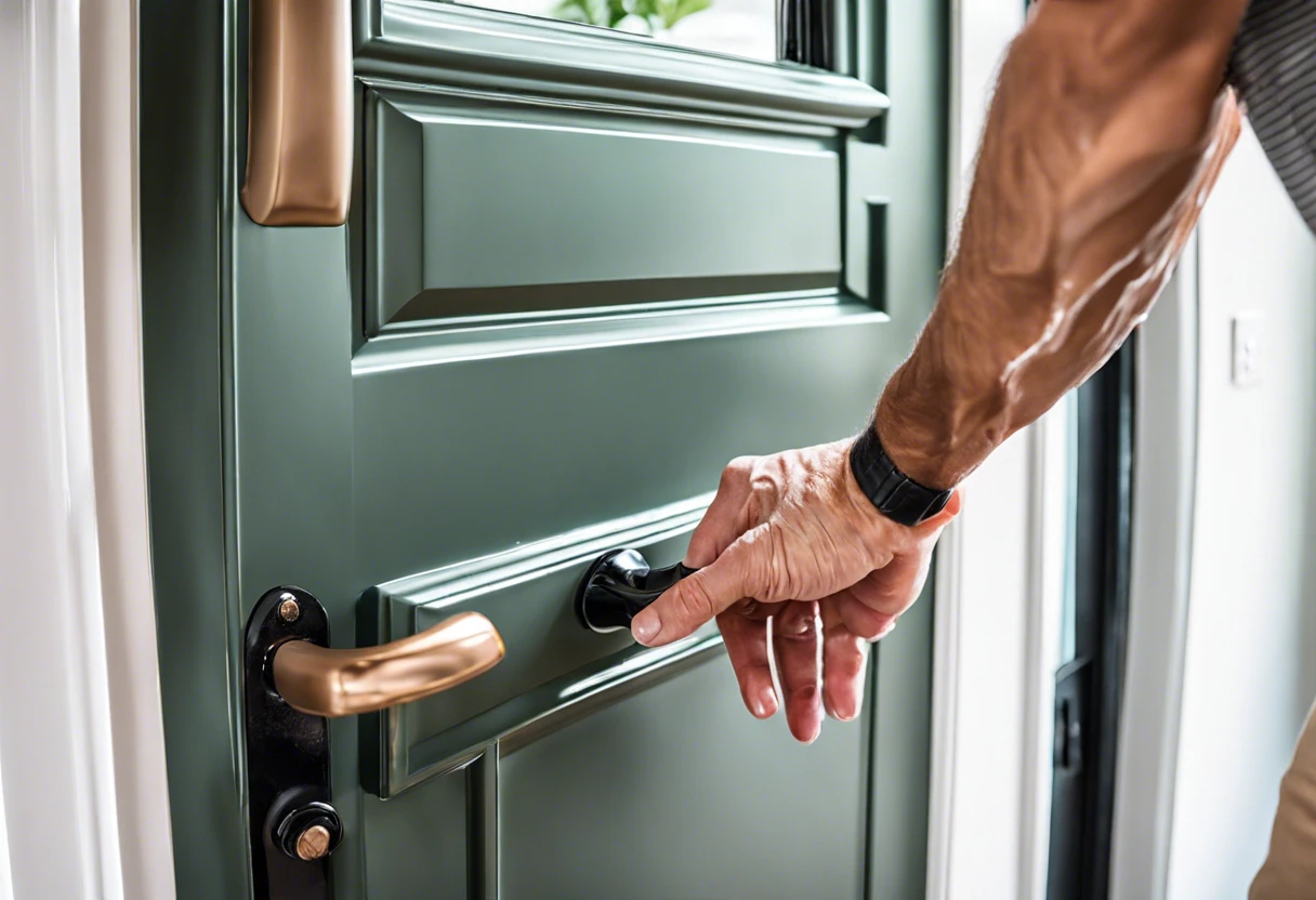 A person opening a freshly painted vinyl door in a modern home, demonstrating the process of painting vinyl doors.