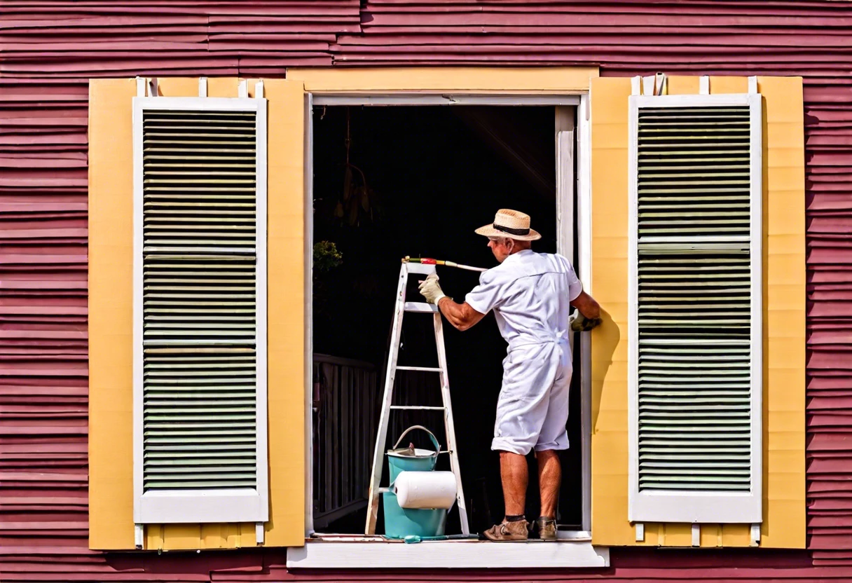 Person painting vinyl shutters, demonstrating how vinyl shutters can be painted.