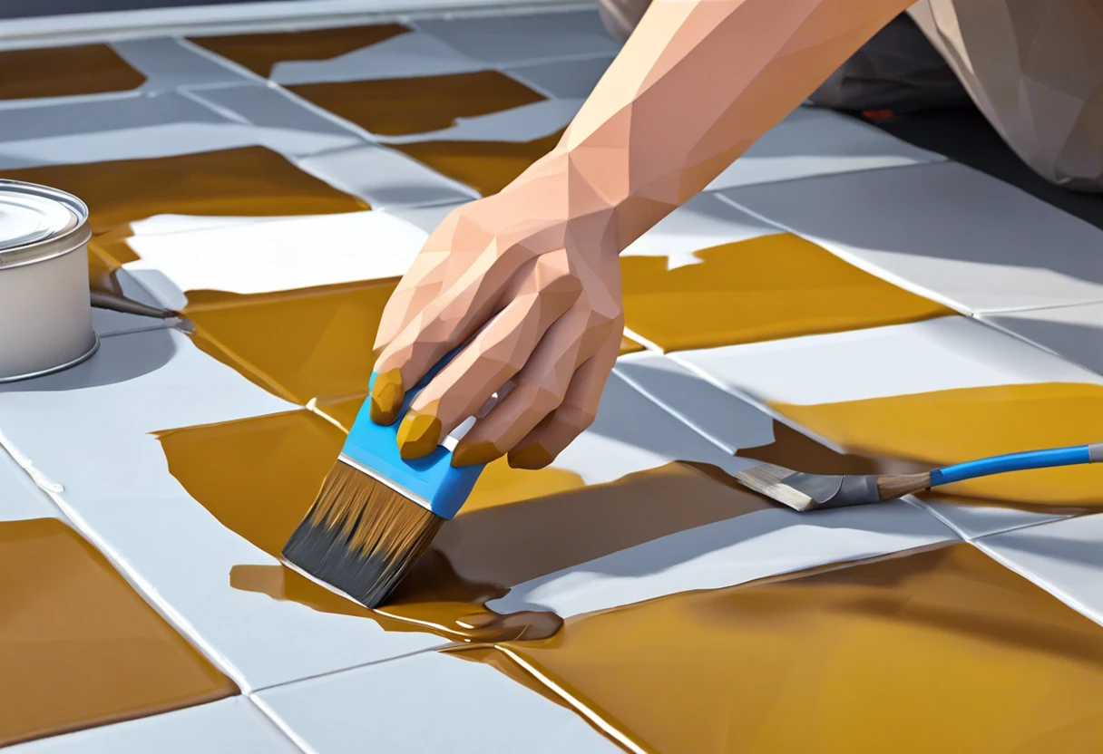 Hand painting vinyl tile with a brush and brown paint, showing a DIY home improvement project.