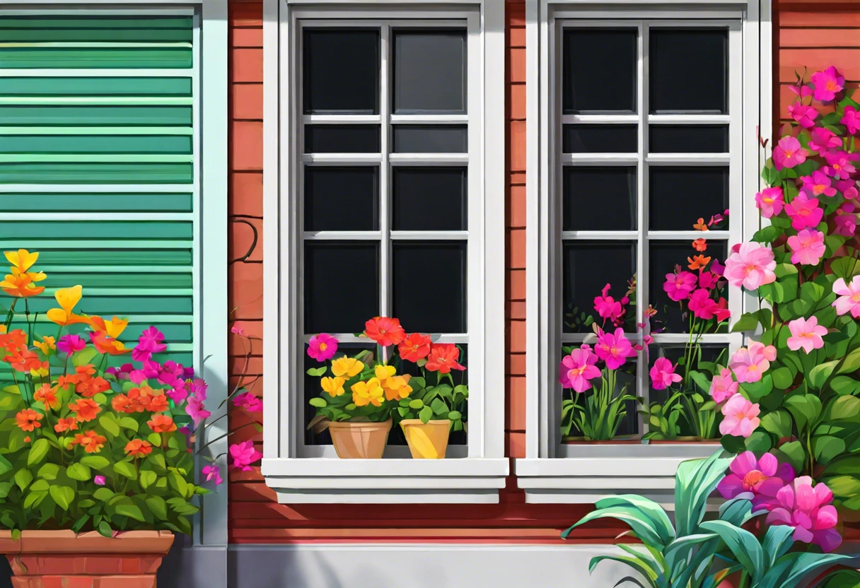 Vinyl windows adorned with vibrant flowers demonstrating that vinyl windows can be painted.