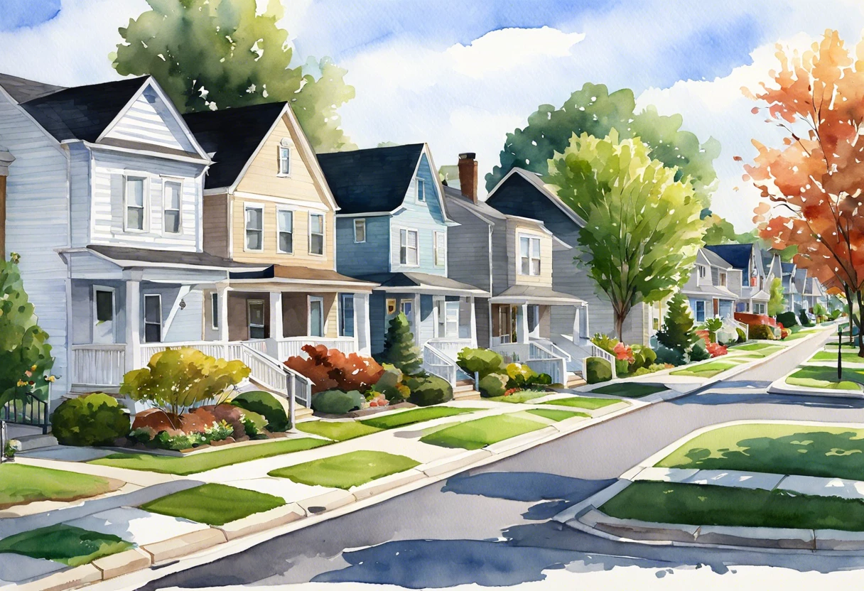A picturesque neighborhood featuring a painted white curb along the street.