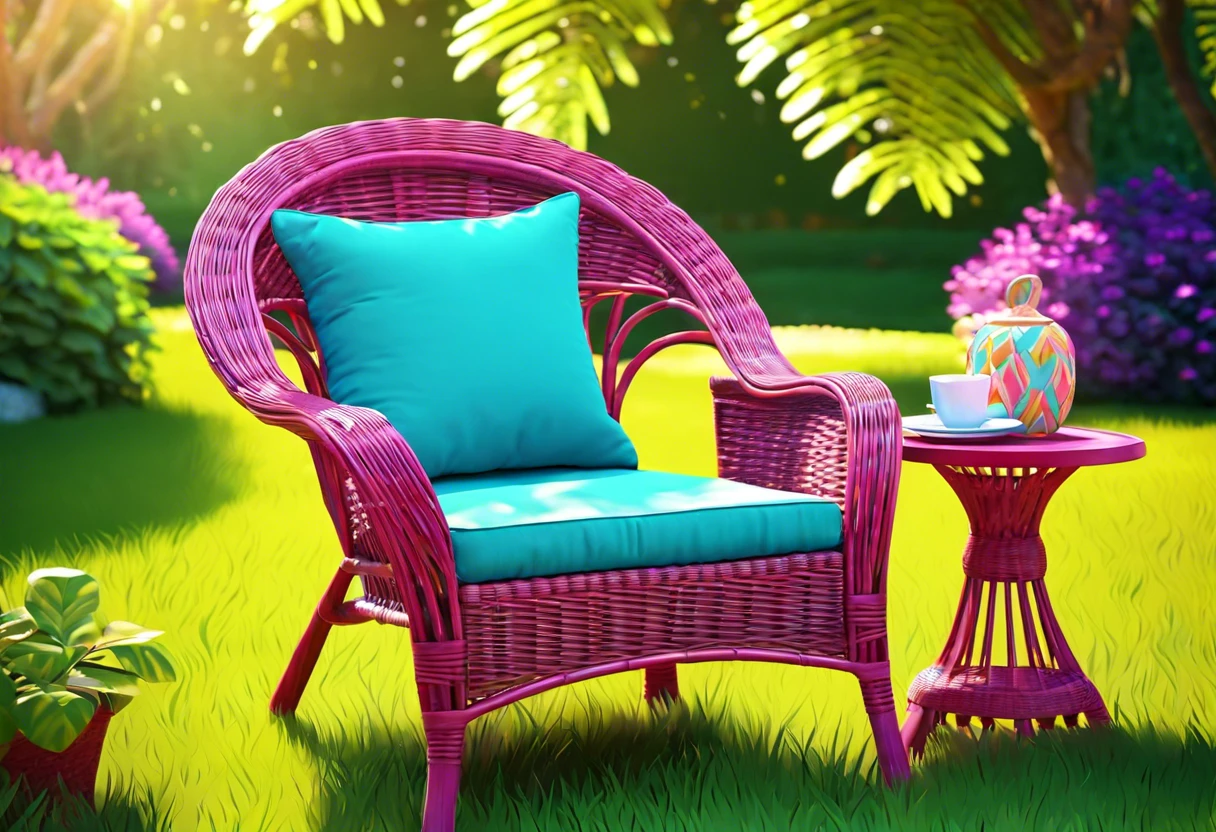 A brightly painted wicker chair and table set in a lush garden, showcasing a colorful outdoor seating option.