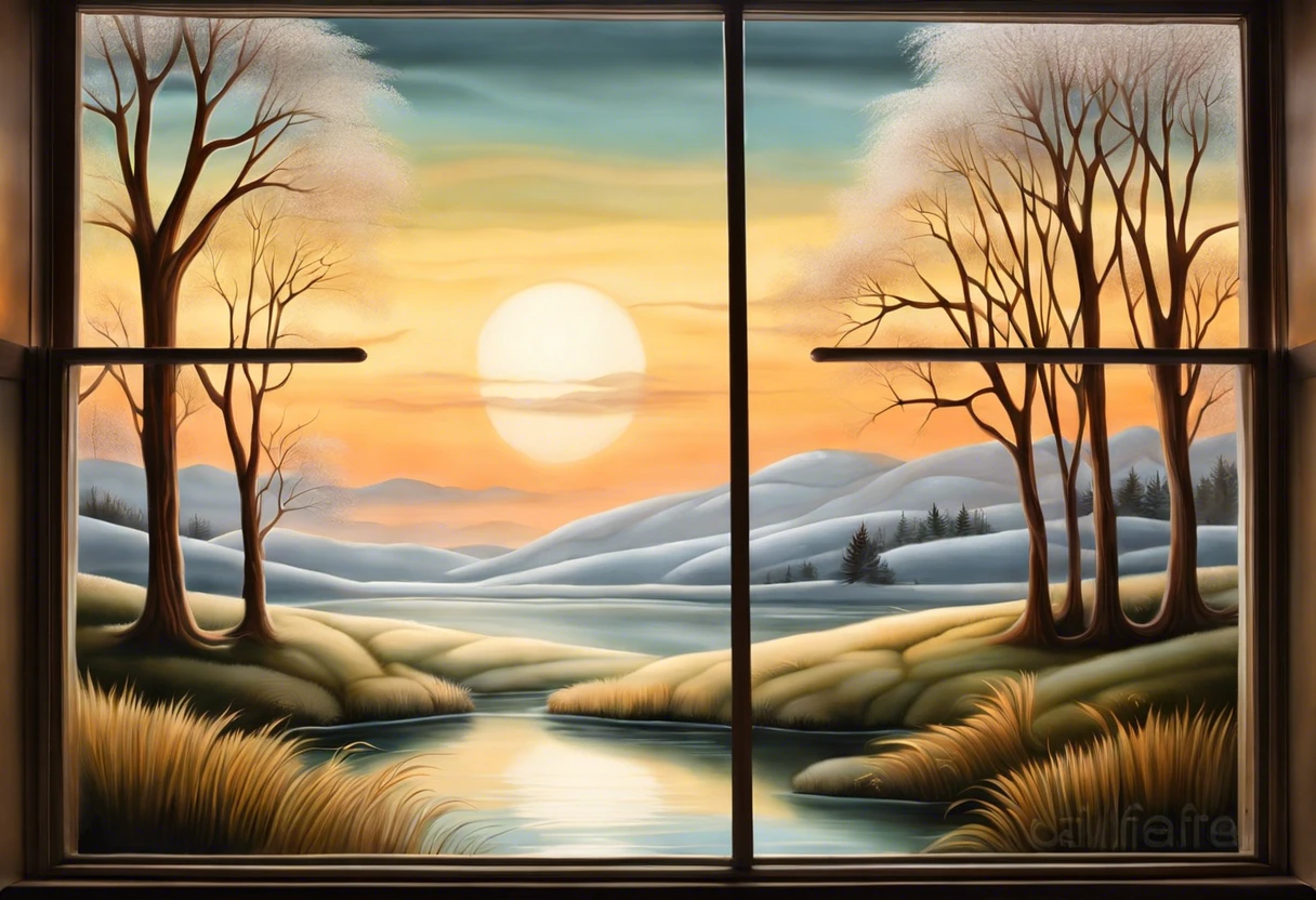 A picturesque landscape painting on window glass featuring trees, mountains, and a river at sunset, illustrating how you can paint a window glass.