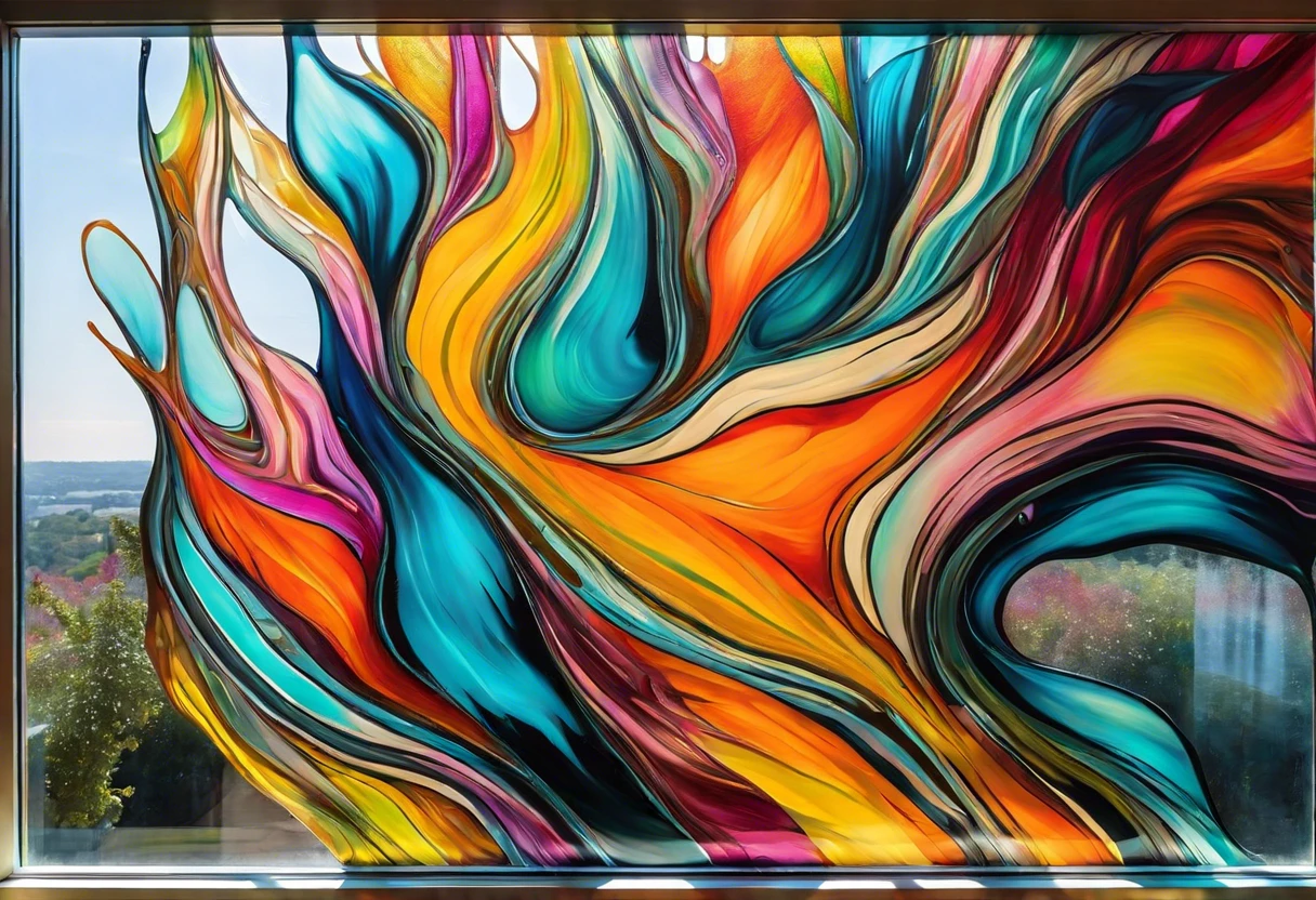 Colorful abstract painting on a window glass showcasing vibrant swirls and blends of paint.