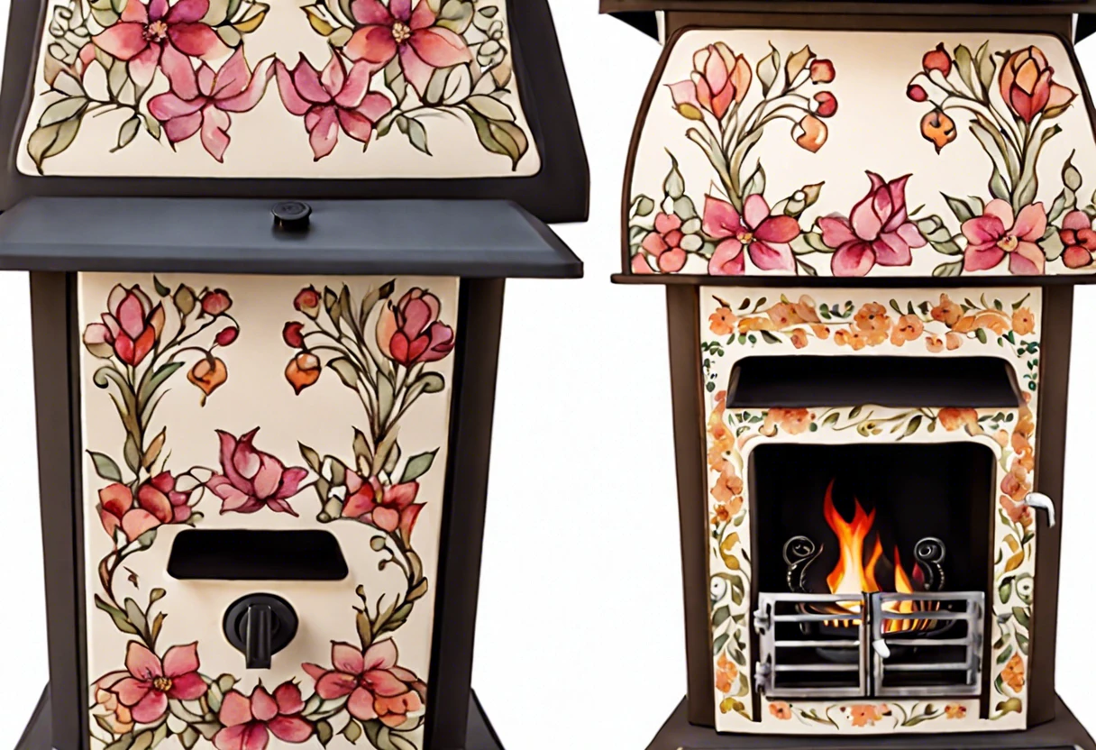 A decorative wood burning stove painted with floral designs, showcasing the possibility of customizing your stove.