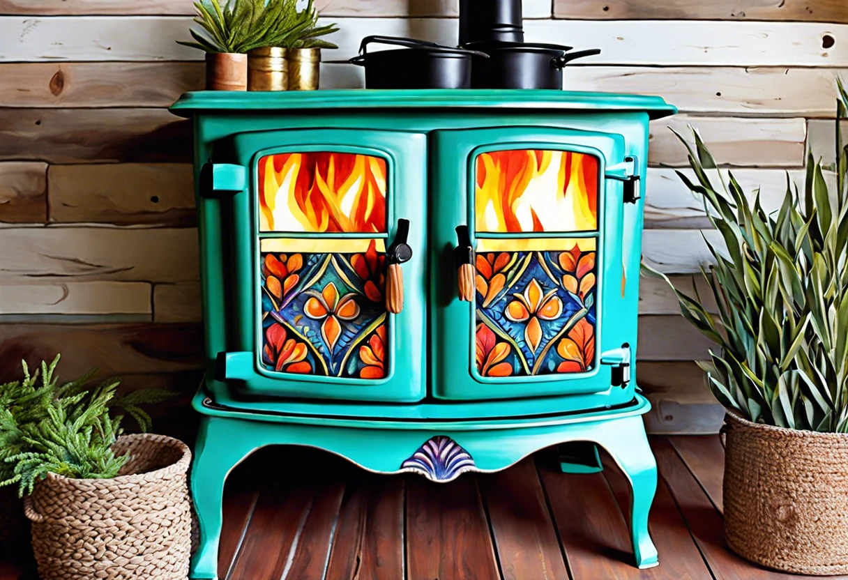 Vibrantly painted wood burning stove showcasing artistic flames and floral design