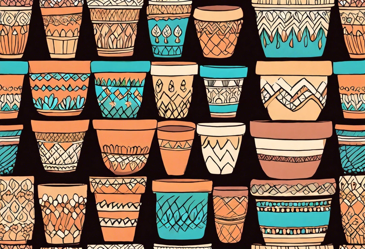 A collection of beautifully painted clay flower pots with intricate designs, showcasing various colors and patterns for creative gardening.