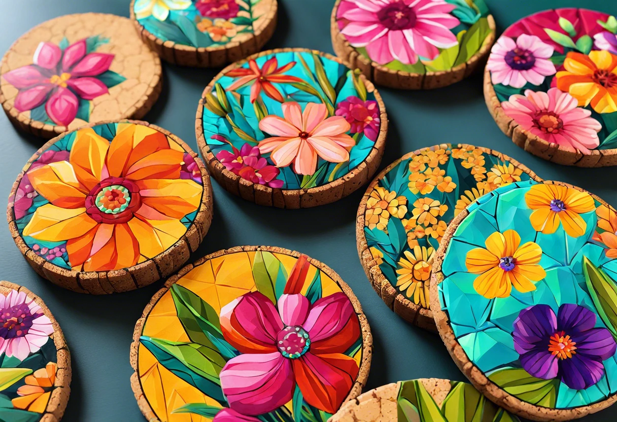 Colorful painted cork coasters with floral designs showcasing the painting techniques.