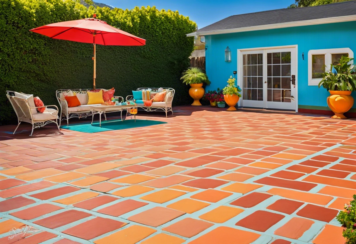 Beautifully painted patio pavers in vibrant colors showing possibilities for painting patio pavers.