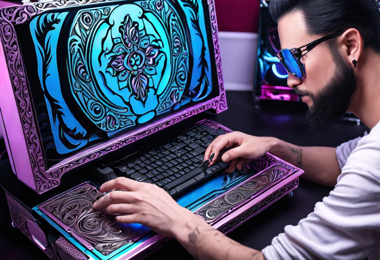 Person painting a colorful PC case with intricate designs, demonstrating techniques for customizing a PC case.