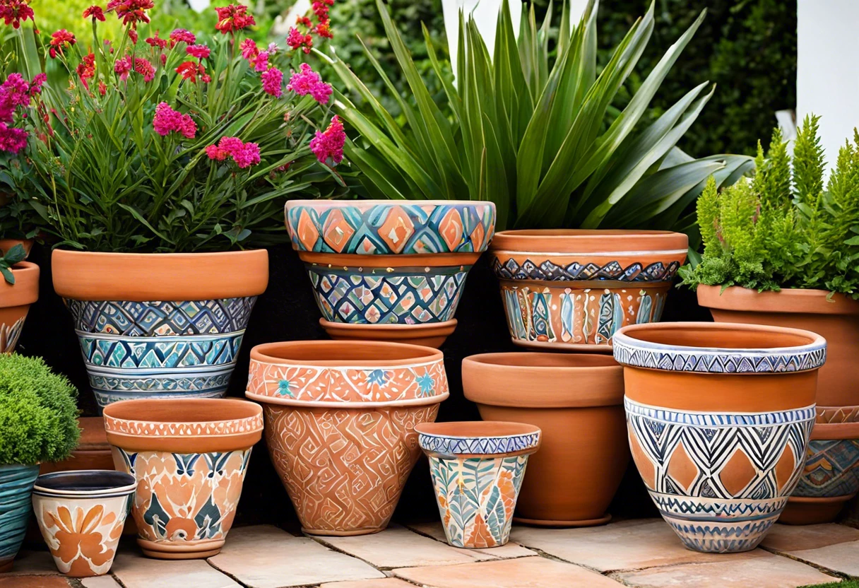 Colorfully painted terracotta pots among vibrant flowers, showcasing creative designs.