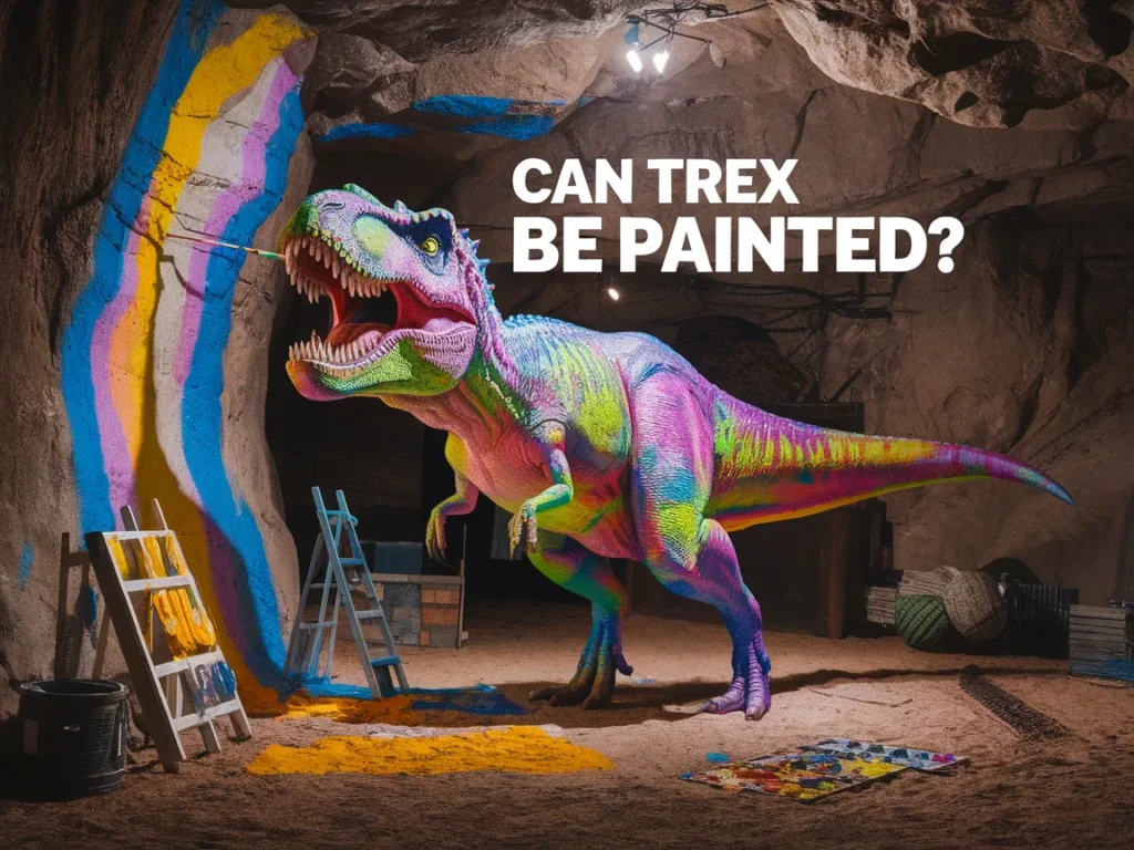 Colorfully painted T-Rex dinosaur in a cave setting, illustrating the concept of painting a T-Rex.