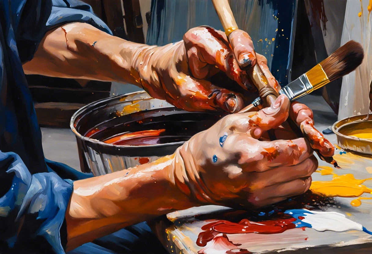 Close-up of a painter's hands mixing paint, illustrating the painting process and productivity in square feet per hour.