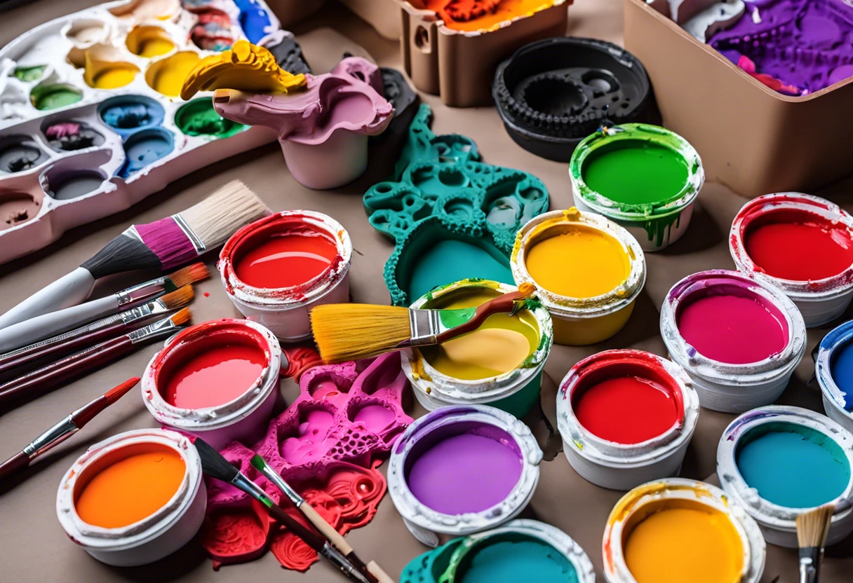 An assortment of paints and brushes for painting 3D printed models, showcasing vibrant colors and tools for crafting.