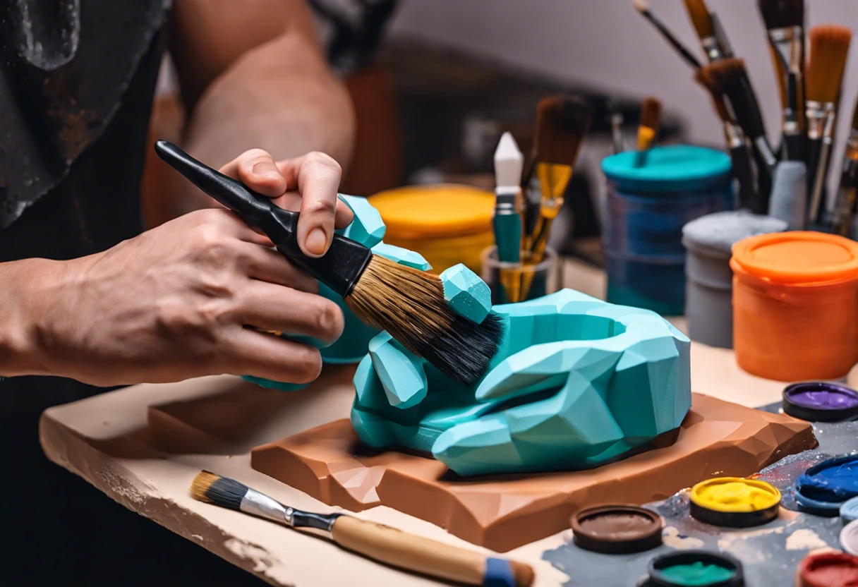 An artist painting a 3D printed object with a brush, showcasing techniques for finishing 3D prints.