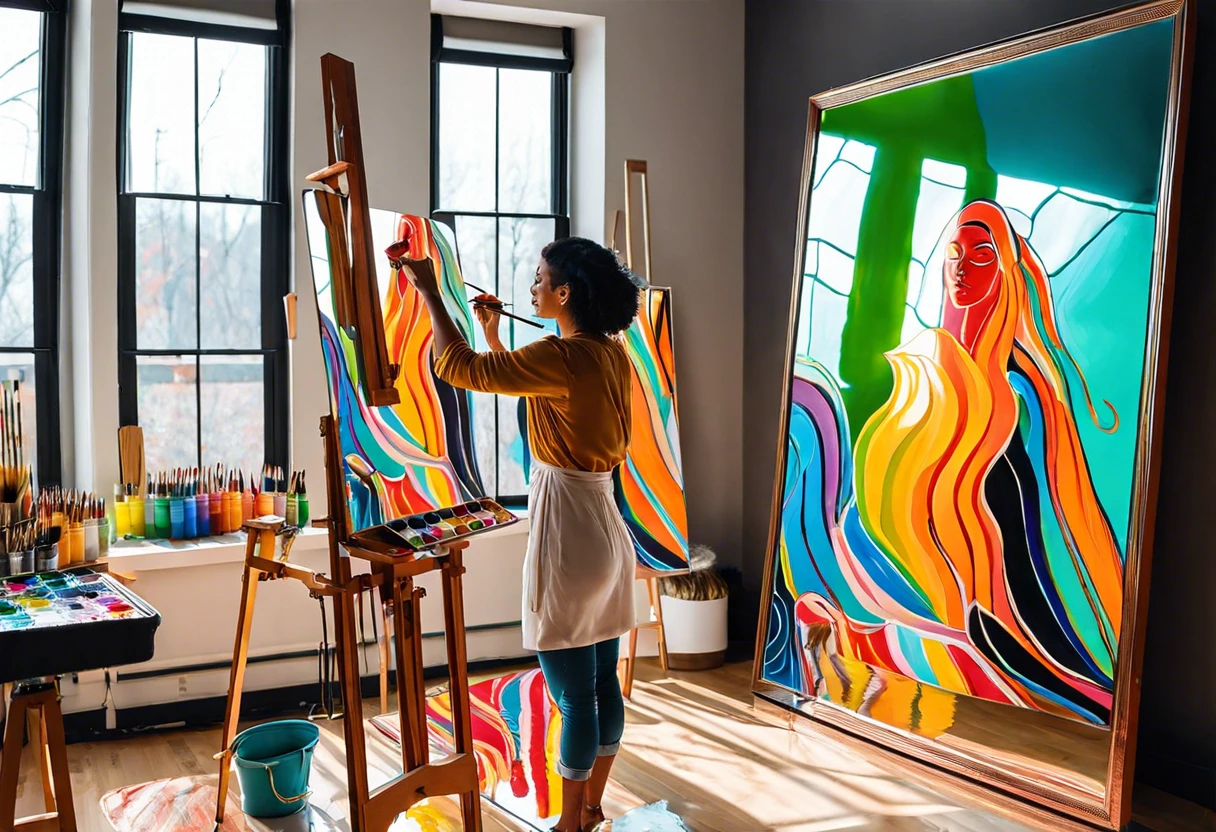 An artist painting colorful abstract art on a canvas with a mirror in the studio, exploring the concept of painting a mirror.
