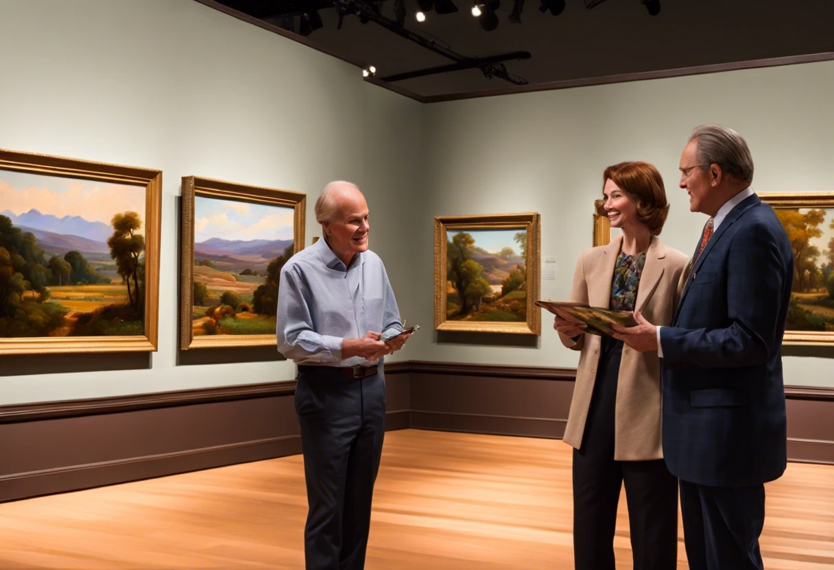 Art appraisers discussing the value of a painting in a gallery setting.