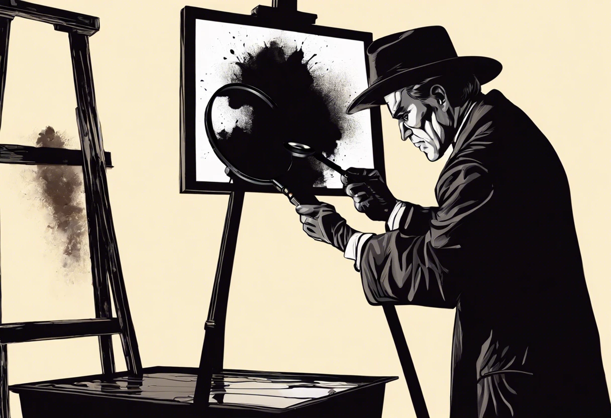 An art expert examining a painting with a magnifying glass to verify its authenticity.