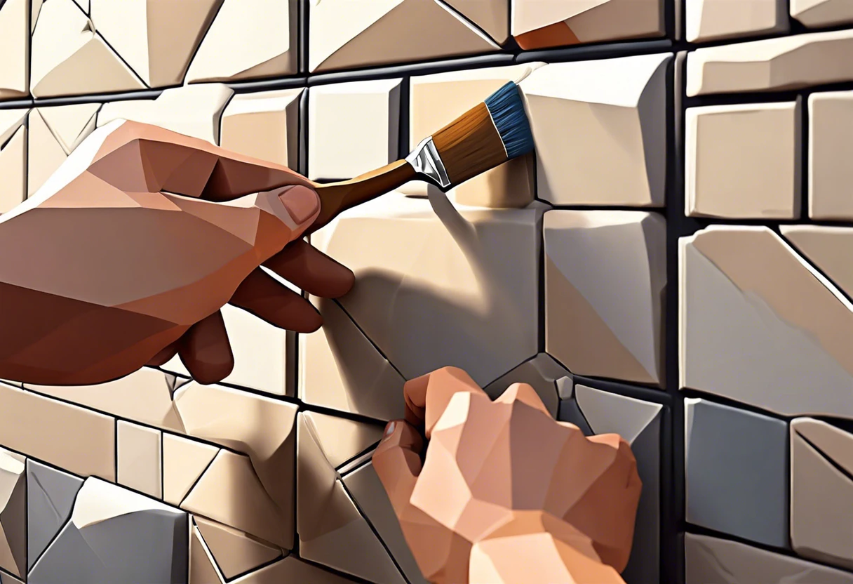 A person using a brush to paint a bathroom tile wall, demonstrating the process of painting tile.