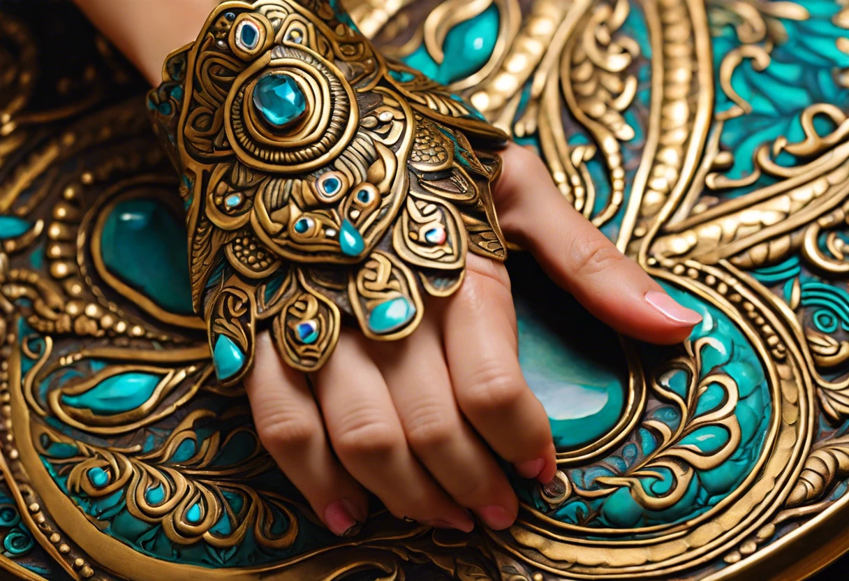 Decorative brass piece with turquoise inlays, showcasing intricate details, relevant to painting brass.