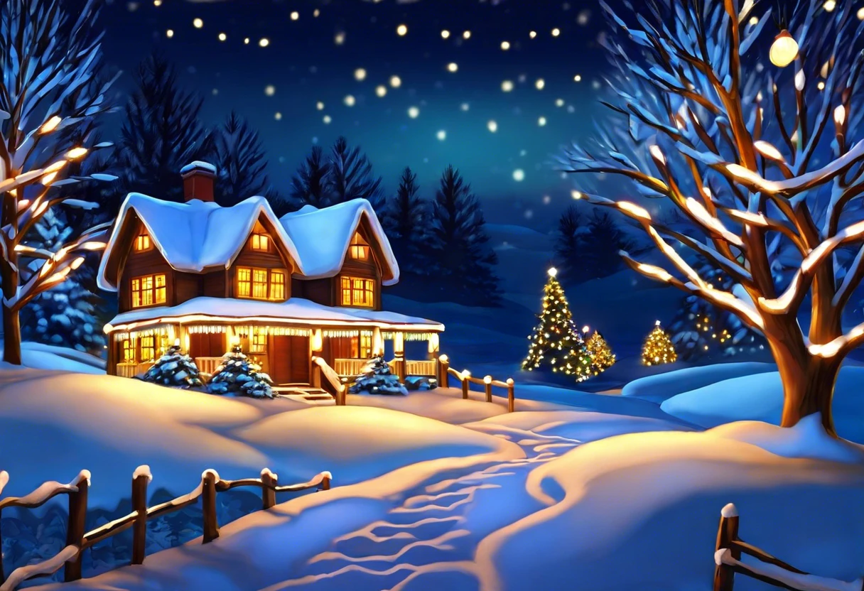 A beautifully decorated snowy landscape with Christmas lights on a cozy house and tree, perfect for illustrating how to paint Christmas lights.