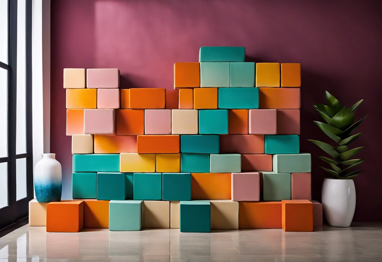 Colorfully painted cinder blocks stacked in an artistic arrangement.