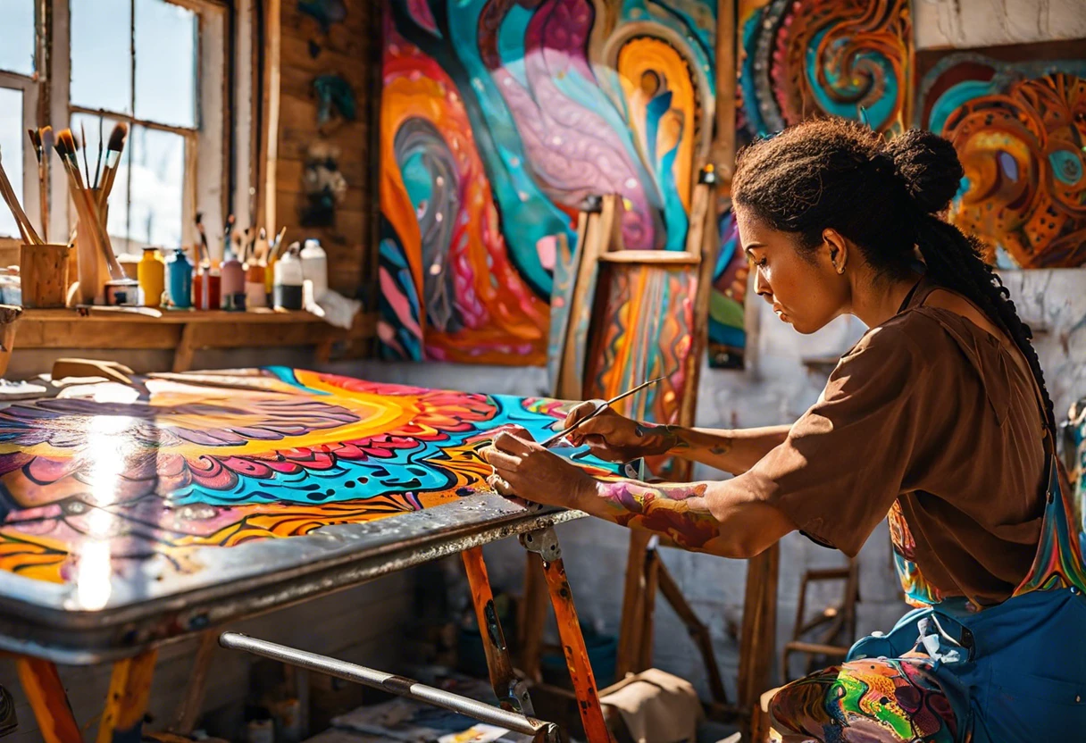 Artist painting colorful designs on galvanized metal surface, demonstrating the process of painting galvanized metal.