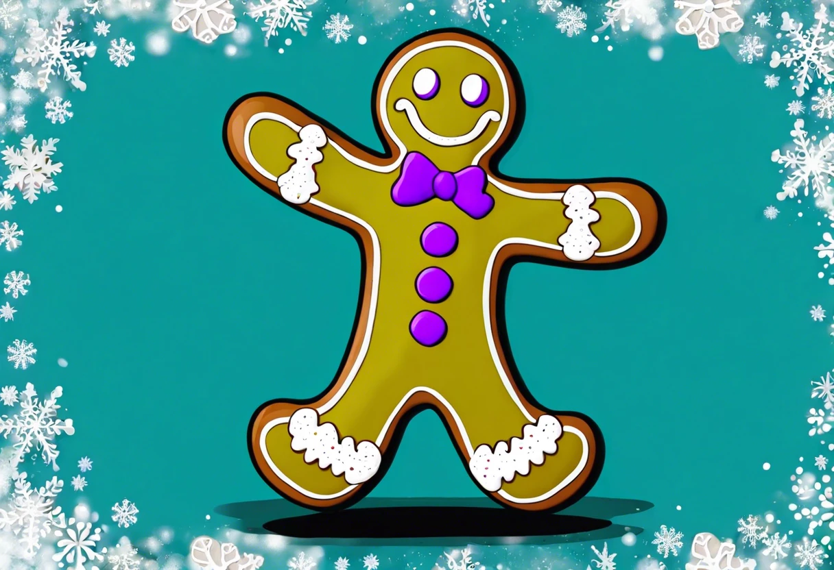 Colorful painted gingerbread man with purple bow tie and white icing details, ideal for holiday crafts.