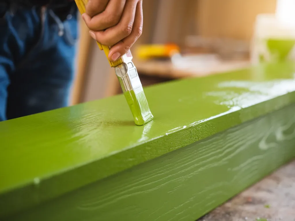Person painting a green treated lumber with a brush to show the process of applying paint.