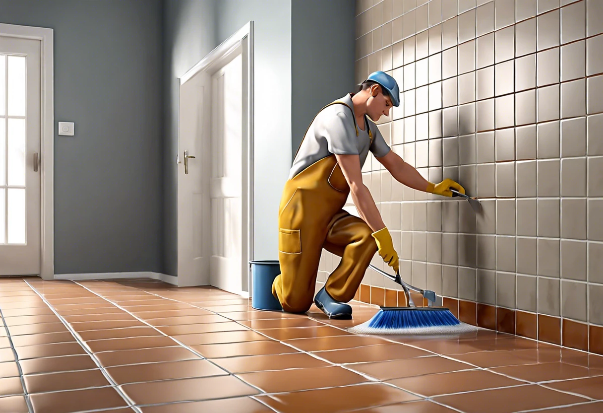 Person painting grout in a tiled room, demonstrating the process of grout painting.