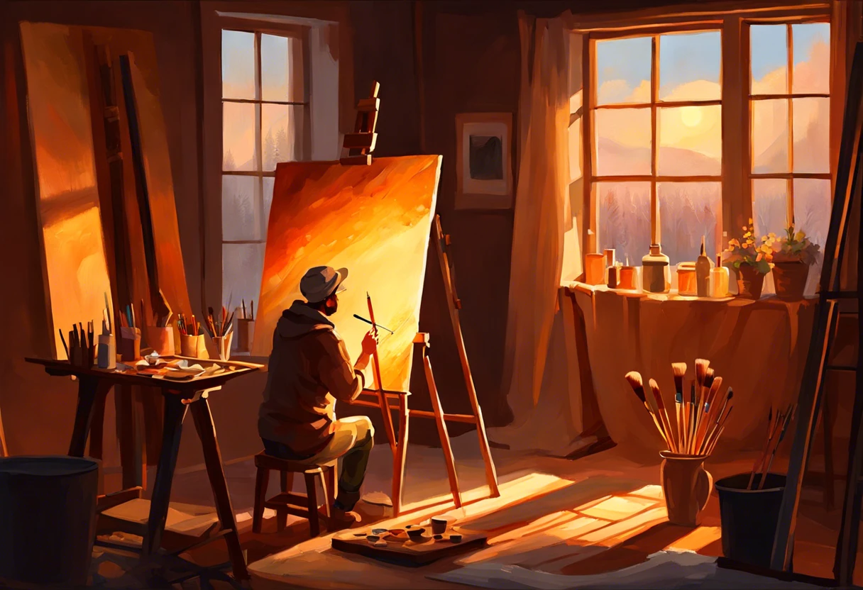 Artist painting indoors during cold weather, showcasing the warm colors of the sunset.