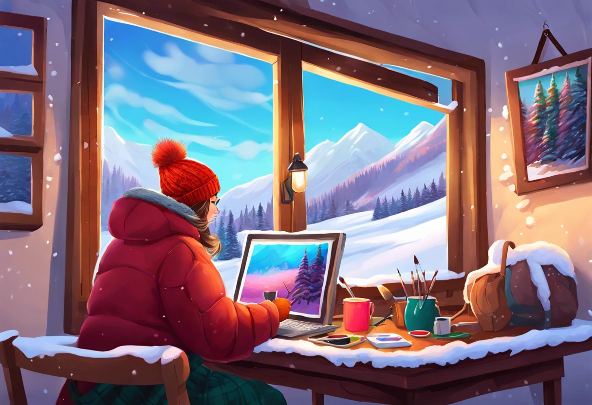 A person painting a winter landscape indoors, demonstrating how to paint in cold weather.