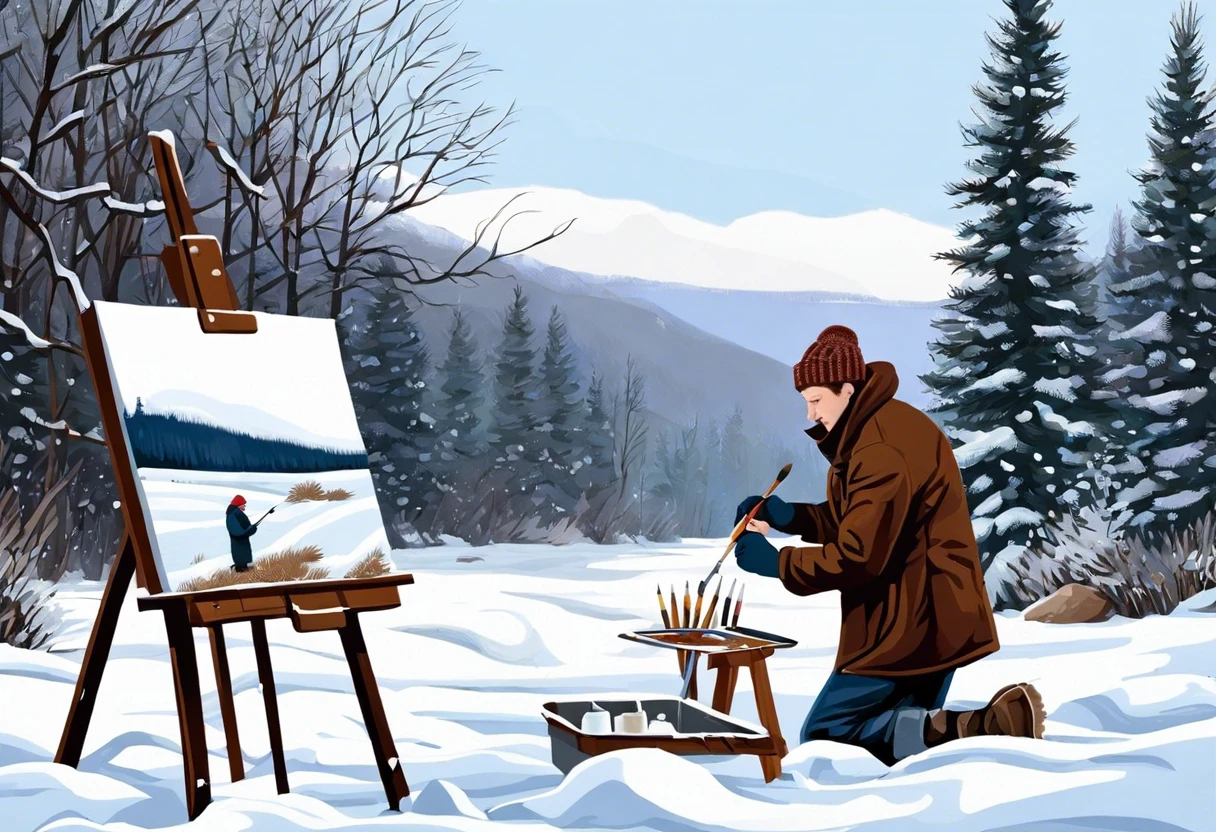 Artist painting outside in winter conditions, showcasing techniques for painting in cold weather.