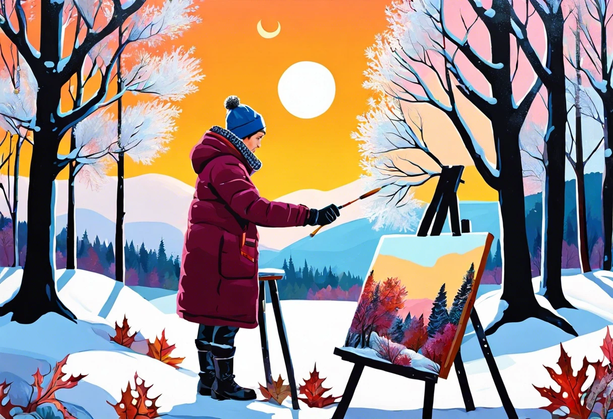 An artist painting outdoors in cold weather with a winter landscape background.