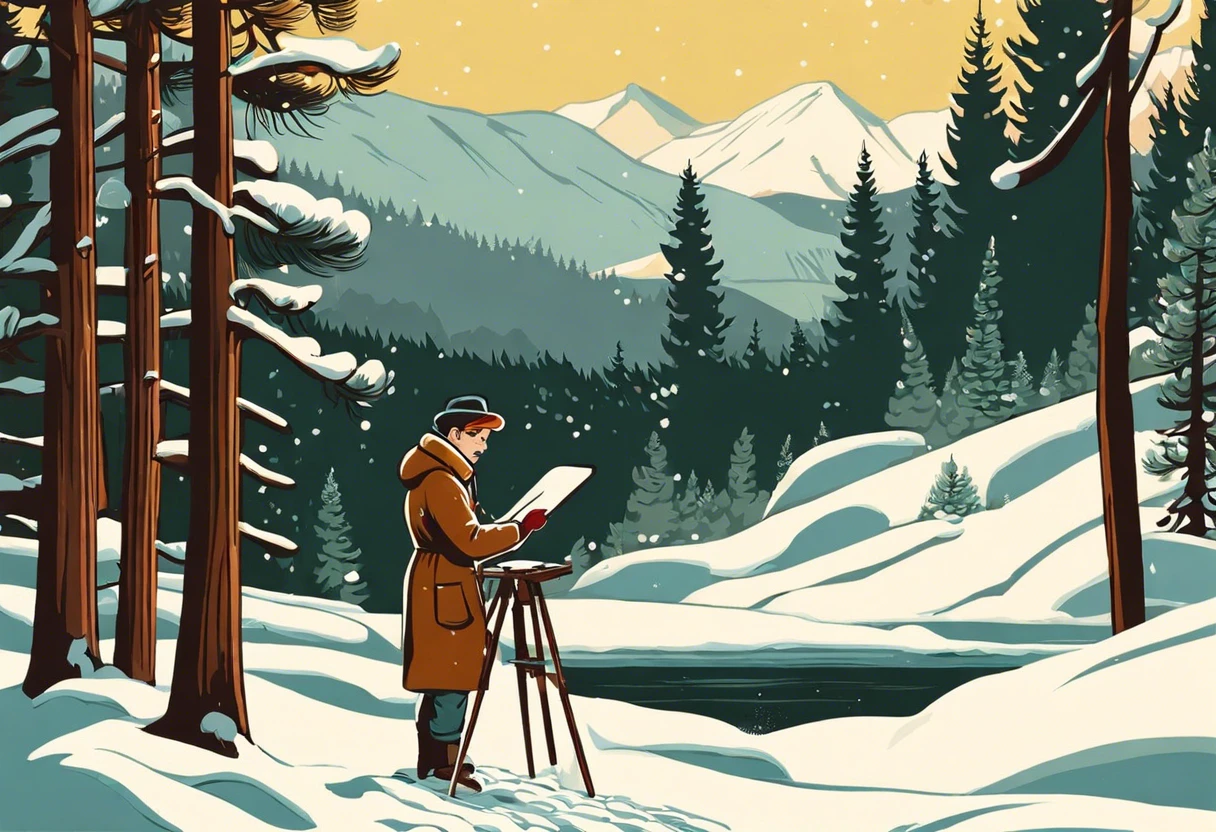 An artist painting outdoors in a snowy landscape, showcasing the possibility of creating art during winter.