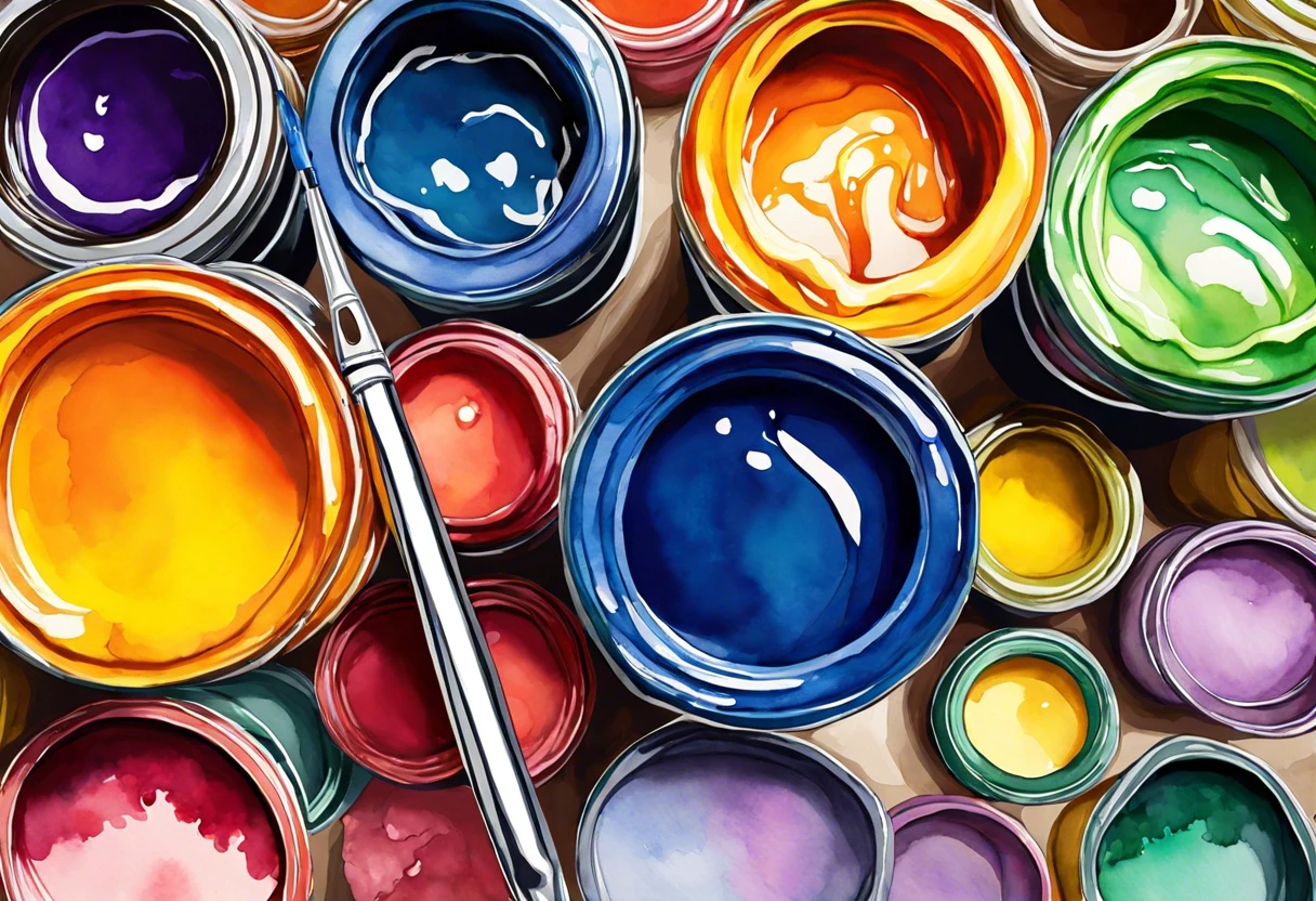 Assorted paint containers and brush, illustrating the painting process on latex caulk.