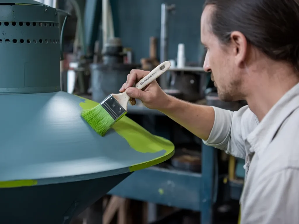 A person painting a metal object with green paint, demonstrating techniques for painting metal surfaces.