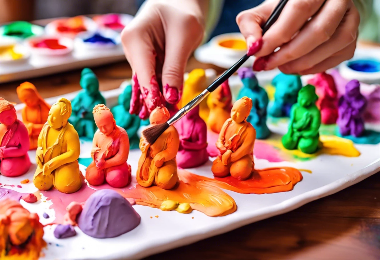 Hands painting colorful modeling clay figures in various colors, showcasing the painting process on clay.