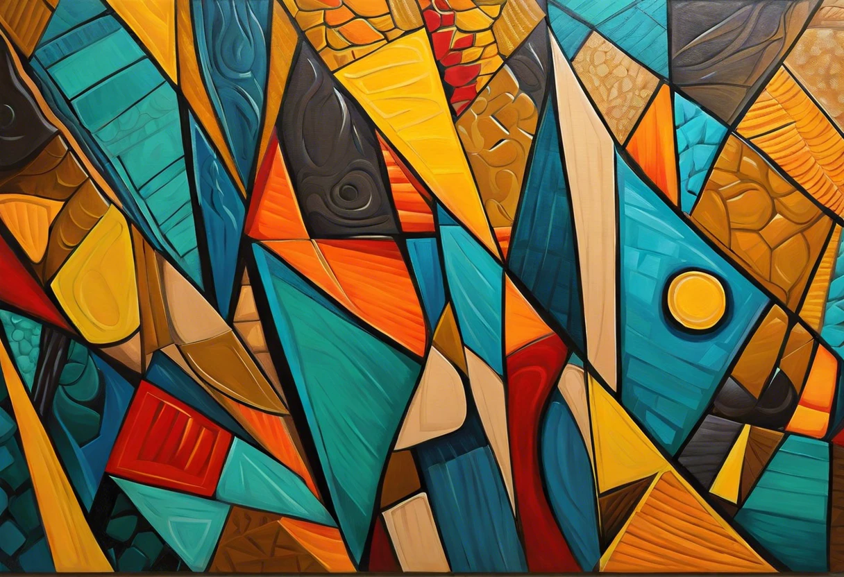 Vibrant abstract painting on hardboard showcasing colorful geometric patterns.