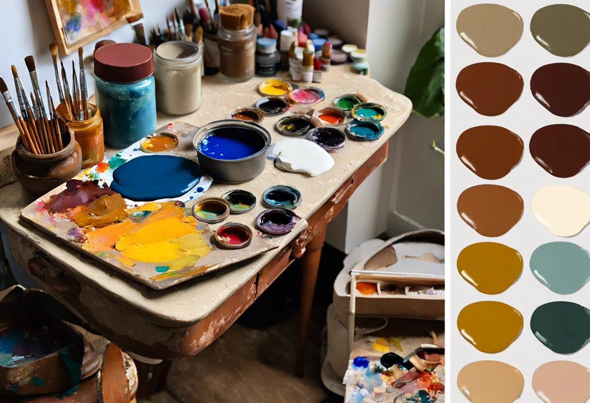 Colorful paint palette on a table, illustrating techniques for painting on shellac surfaces.