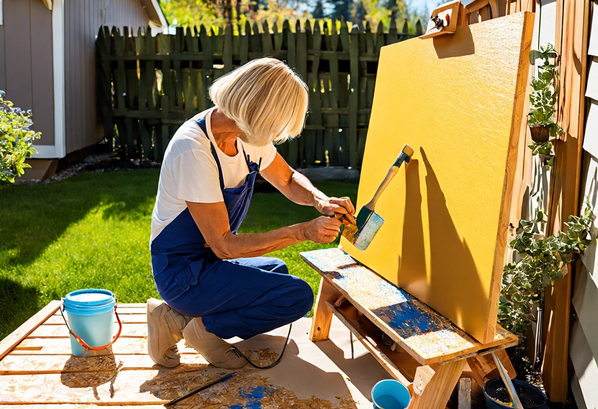 Person painting OSB board with a roller for exterior application.