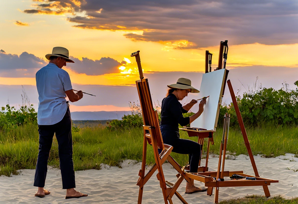 Artists painting outdoors during sunset, demonstrating ideal temperatures for outdoor painting.