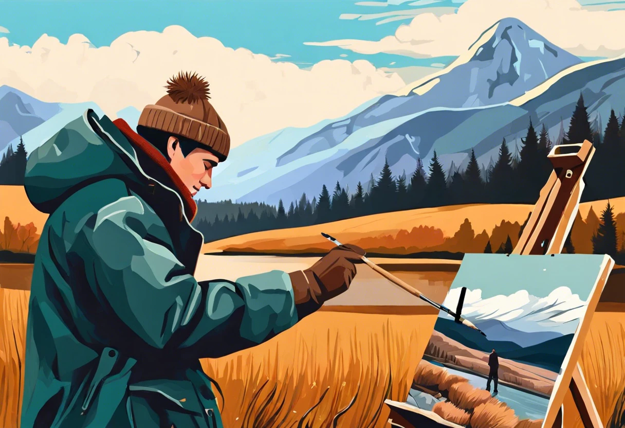 Artist painting outdoors in 50-degree weather with mountains and a lake in the background