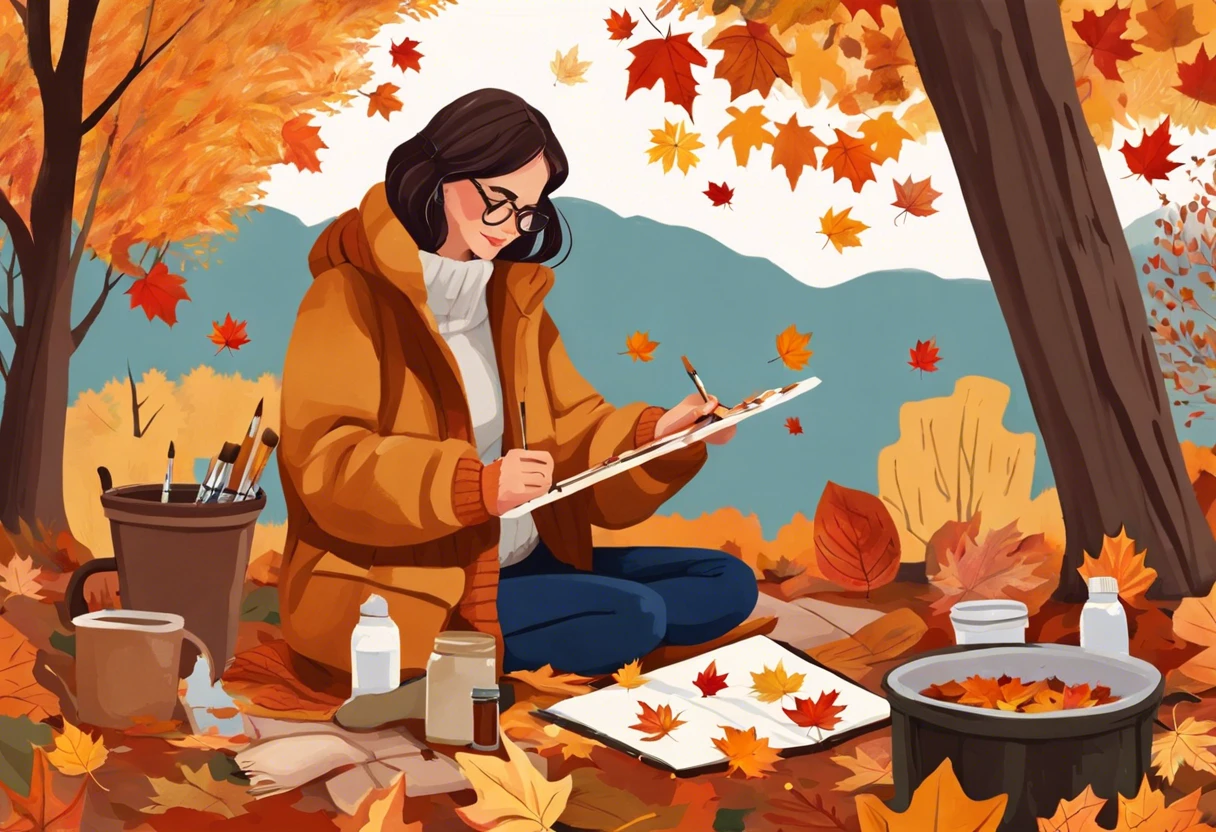A person painting outdoors in fall foliage, ideal for painting outside in 50 degree weather.