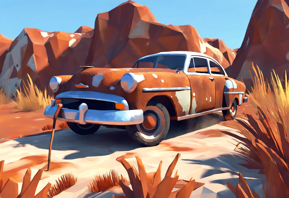 Rusty classic car in a desert landscape, illustrating the effects of painting over rust.