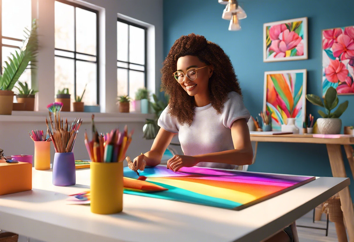 Artist creating vibrant artwork before making prints of paintings.