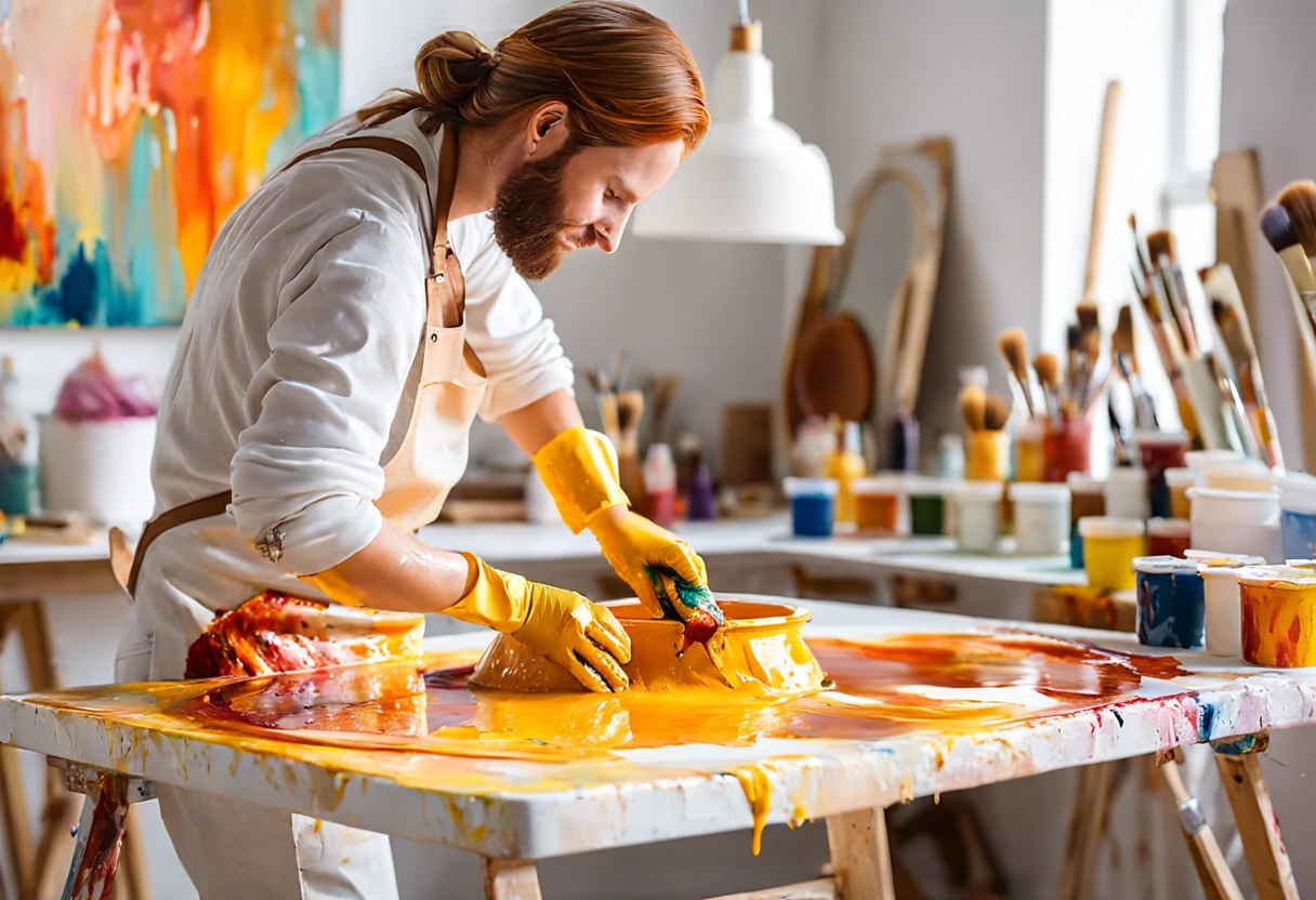 Artist painting resin with vibrant colors in a studio setting, illustrating techniques for painting resin.