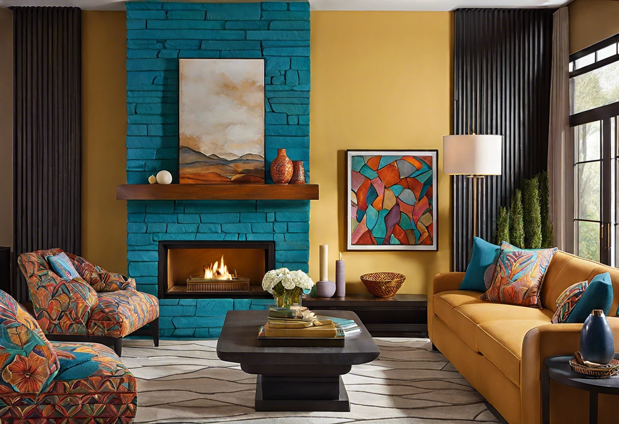 Colorfully painted sandstone fireplace with turquoise accent wall and modern decor